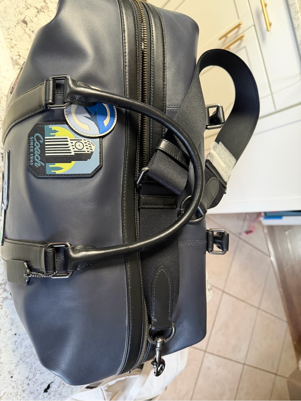 Coach Navy Leather Duffel with Colorful Travel Patch Accents - Picture 2 of 12